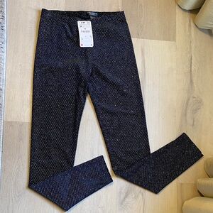 NWT! ZARA Black Velvet Sparkly Leggings Gold Metallic Evening Party Wear -Size S